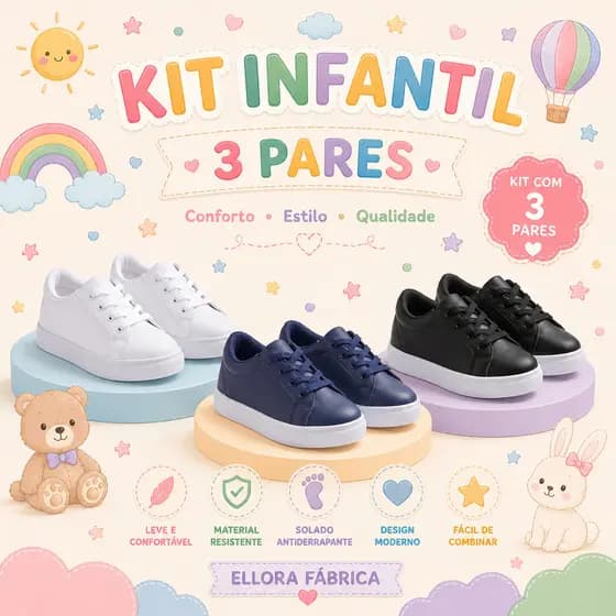 Kit 3 Pares Tênis Infantil Masculino feminino Unissex casual Escolar Confortável Colegial com Solado Antiderrapante