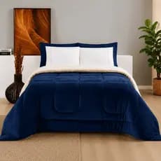 Coberdrom Queen Sherpa Flannel Azul Marinho Quentinho Dupla Face