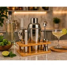Kit Coqueteleira Premium Inox 9 Peças com Suporte de Bambu | Bar Profissional para Drinks