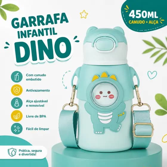 Garrafa Infantil Dino 450ml Com Canudo e Alça | Squeeze Infantil Antivazamento