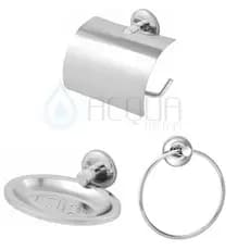 Kit 3 Peças Acessórios Para Banheiro Inox  01 Saboneteira; 01 Porta Papel Higiênico; 01 Argola
