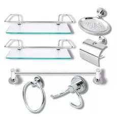 Kit Acessório Para Banheiro Aço Inox 5 Peças + 2 Porta Shampoo Reto Vidro