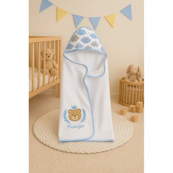 Toalha de Banho Bebê Capuz Menino Menina Forrada com Fralda Absorvente Bordada