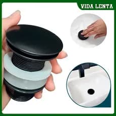 Válvula Click para Pia em ABS com Tampa Inox | Ralo com Botão Pressão para Cubas de Porcelana, Vidro e Lavatório​