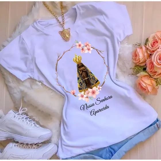 Blusa Tshirt Feminina Nossa Senhora Camiseta Em Algodão Estampada em DTF Romaria Devoto Aproveite