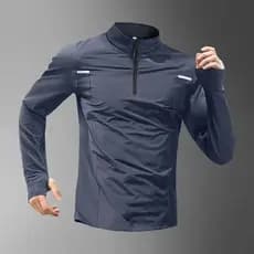 Impressão de comércio exterior personalizada de secagem rápida manga comprida camiseta masculina meio zíper esportes top