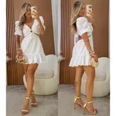 Vestido Curto Feminino Elegante Manga Bufante Recorte Moda Verão Fashion