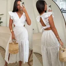 Vestido Midi Encanto Feminino com Fenda e Babados