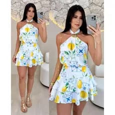 Vestido virginia Curto com Detalhe na Gola e Babado Moderno