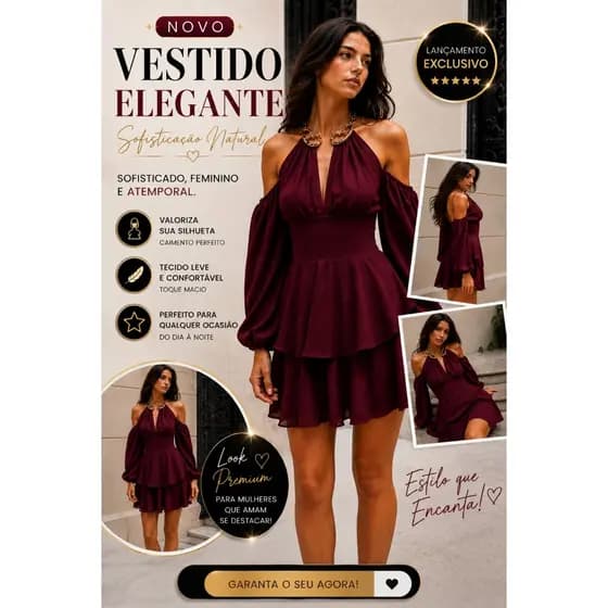 Vestido Curto Feminino com Manga Bufante e Detalhe Luxo no Pescoço – Elegante, Moda Gringa e Tendência 2026 ✨