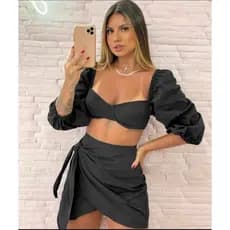 Conjunto Feminino com Cropped e Saia com Laço – Manga Longa e Estilo Elegante