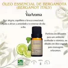 ÓLEO ESSENCIAL DE BERGAMOTA, BERGAMOT ITALY, 100% PURO, VIA AROMA 10 ML, ALIVIA ANSIEDADE E STRESS!!