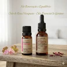 Kit skincare natural Óleo de Rosa Mosqueta + Óleo Essencial de Gerânio, renovação antissinais Vegano