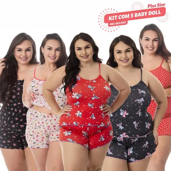 Conjunto 5 Babydolls Plus Size - Estampados e com Alça Regulável