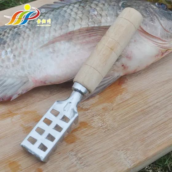 Escova de aço inoxidável para escamar peixe, raspador de escamas de peixe com cabo de madeira, utensílio de cozinha, afi