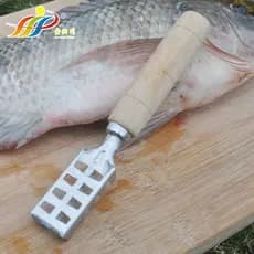 Escova de aço inoxidável para escamar peixe, raspador de escamas de peixe com cabo de madeira, utensílio de cozinha, afi