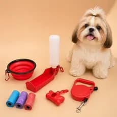 Kit Passeio Cachorro Pet Completo Comedouro Bebedouro Portátil Guia Retrátil Porta Saquinho e Refil