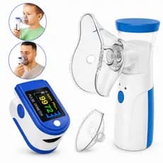 Kit Inalador Portátil Ultrassônico Silencioso + Oxímetro Digital Monitor SpO2 Frequência Cardíaca