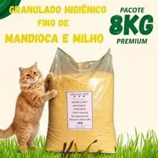 Areia Higiênica Natural 3kg e 8kg Biodegradável de Grãos Finos de Milho e Mandioca para Gatos -