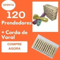 Kit 120 Prendedores de madeira + corda de varal grampo de madeira, cordinha  clip de madeira peregador  prendedor mola