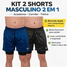 Kit 2 Shorts Masculino 2 em 1 Academia Corrida Bermuda Dupla com Bolsos para Homem