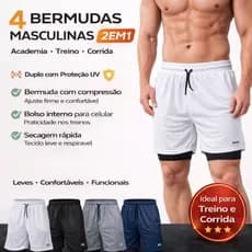 4 Shorts Masculino 2em1 Academia Duplo Com Proteção Uv Bermuda de Compressão Pra Treino Corrida