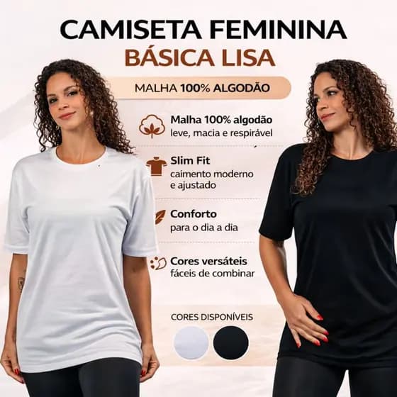Camiseta Feminina Básica Lisa Malha 100% algodão Slim Fit Sem Estampa para Mulheres