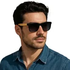 Óculos de Sol Quadrado Masculino Madeira Bambu UV400 Premium Visual Retrô Elegante Versátil Moda