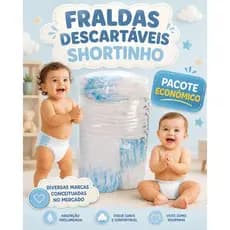 FRALDA INF. SHORT. DESC. PACOTE ECONÔMICO QUALIDADE PREMIUM, PRÁTICA AO VESTIR, PREÇO JUSTO, DIVERSOS TAM. DISPONIVEIS
