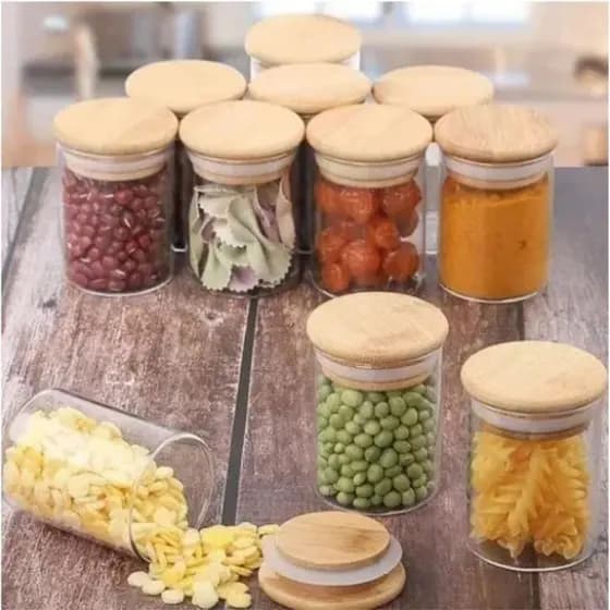 Kit 6 Peças 200ML Potes  de vidro Herméticos Com Tampa De Bambu