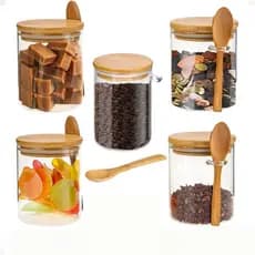 Kit 6 Potes Vidro 250ml Tampa Hermética De Bambu +6 Colher AFL