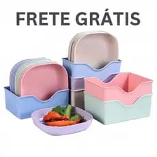 Kit 10 Pratos Plástico Sobremesa Quadrado Reutilizavel Fundo + Suporte organizador AFL