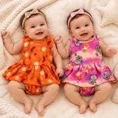 Conjunto Bebê Menina 2 Peças Vestido + Tapa Fralda Estampas Fofas P ao GG Verão
