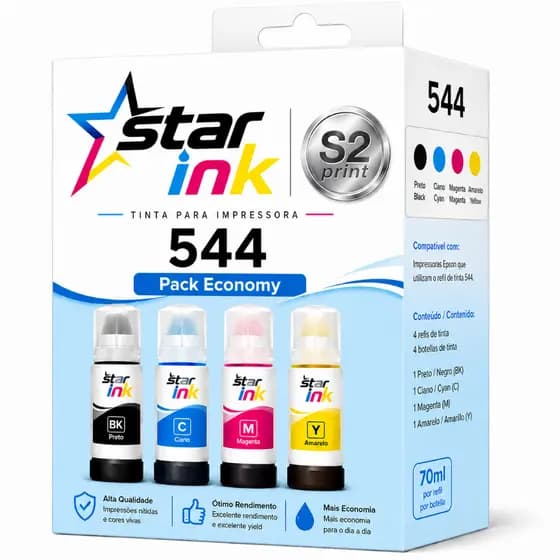 Kit 4 cores STAR INK  Compativel com T504 E T544 Econtank L1110 L3110 L3150  Preto, Ciano, Magenta, Amarelo