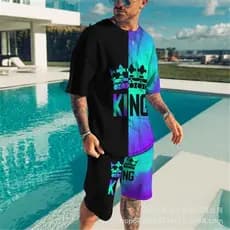 [Manga Curta + shorts] Camisa 3Dt masculina de verão manga curta, terno esportivo Casual gola redonda terno de duas peça