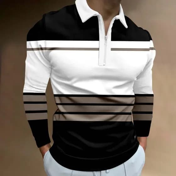 Nova camisa Polo listrada clássica masculina manga comprida
