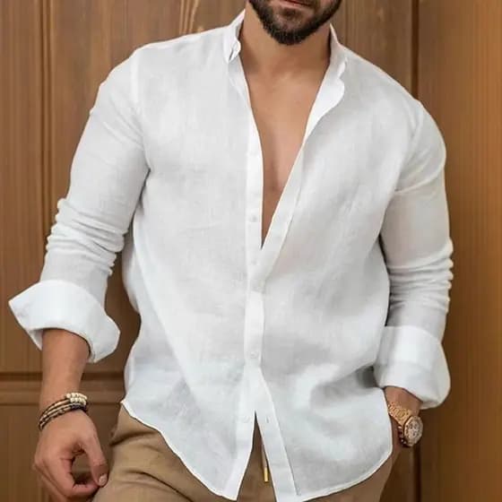 Camisa Masculina De Linho De Algodão Cor Sólida Juventude Casual