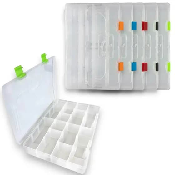 Estojo Rochel Pesca Box 30 para isca artificial anzol e chumbada com Fundo e Tampa Transp com travas colorida 16 Div