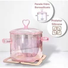 Panela de Vidro Rosa Tampa 1.5L Vidro Borissolicato Culinária e Protetor Silicone