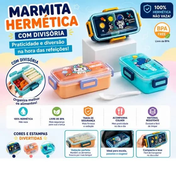 Marmita Hermética Lancheira Infantil Vedação de Alta Qualidade Astronauta Dinossauro Unicornio
