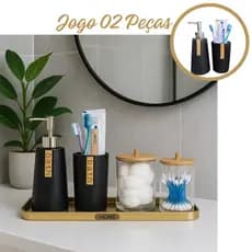 Jogo de Banheiro 2 Peças - Porcelana com Detalhe em Bambu Banheiro Lavabo Decoração Preto Moderno
