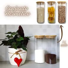 Conjunto 3 Potes Herméticos de Vidro 1L Tampa de Bambu Mantimentos Alimentos