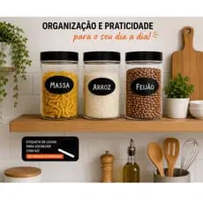 Pote Mantimento Organizador de Vidro 1L com Tampa Preta e Etiqueta Lousa + Giz Branco