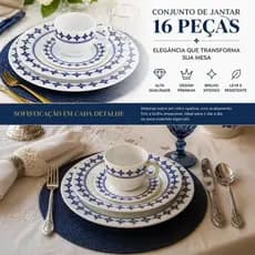 Aparelho de Jantar e Chá Branco com Azul Vidro Opaline Com 16 Peças Azulejo Portugues Luxo Embalado na caixa