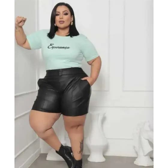 Short Couro Fake Plus Size Curto Cintura Alta Com Cinto De fivela