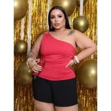 BLUSA FEMENINA UM OMBRO PLUS COM FIVELA MANGA  MULA MANÇA SUPLEX PREMIUM