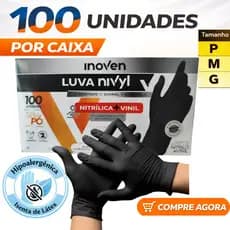 Luva Vinil Preta Descartável Sem Pó 100 Unidades Para Uso Profissional Nivyl