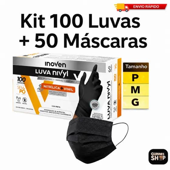 Kit Luva Vinil Nitrílica Preta Sem Pó 100 Unidades Descartável + 50 Máscara Tripla Proteção Adulto