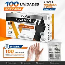 Luva Vinil Preta Descartável Sem Pó Resistente 100 Unidades + Brinde