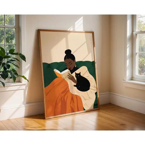 Quadro Decorativo com Moldura para Sala Quarto Escritório Minimalista Moderno - Mulher Negra Gato
